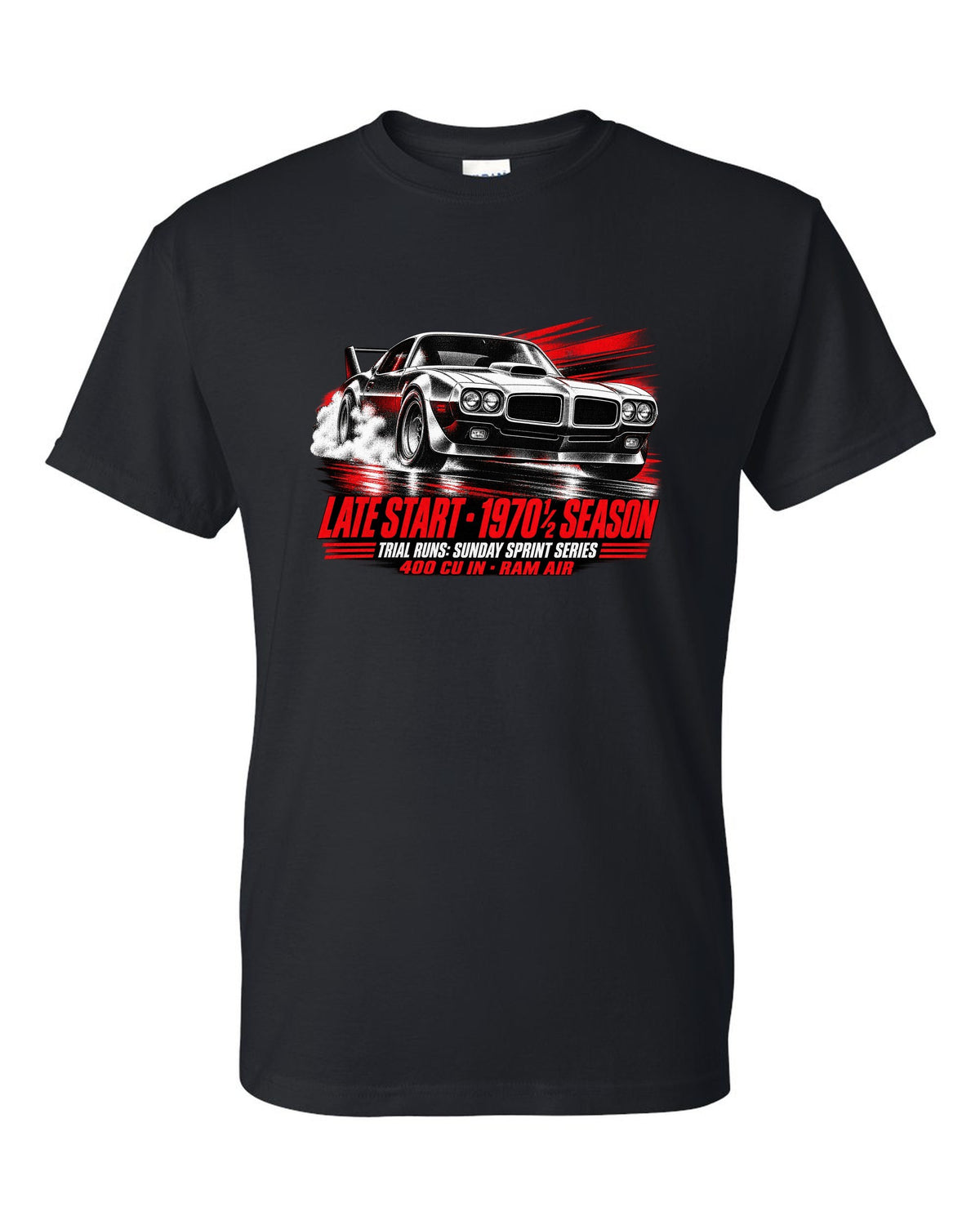1970 1/2 Pontiac Firebird Trans Am race poster print with Ram Air text black t-shirt front view with the design