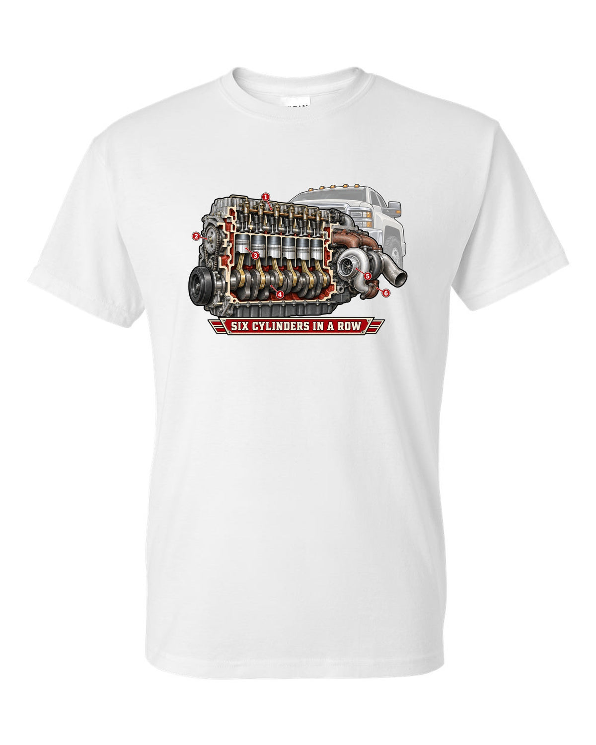 Cutaway diagram print of an inline-six diesel engine from a Dodge Ram 2nd gen with six cylinders in a row text white t-shirt front view with the design