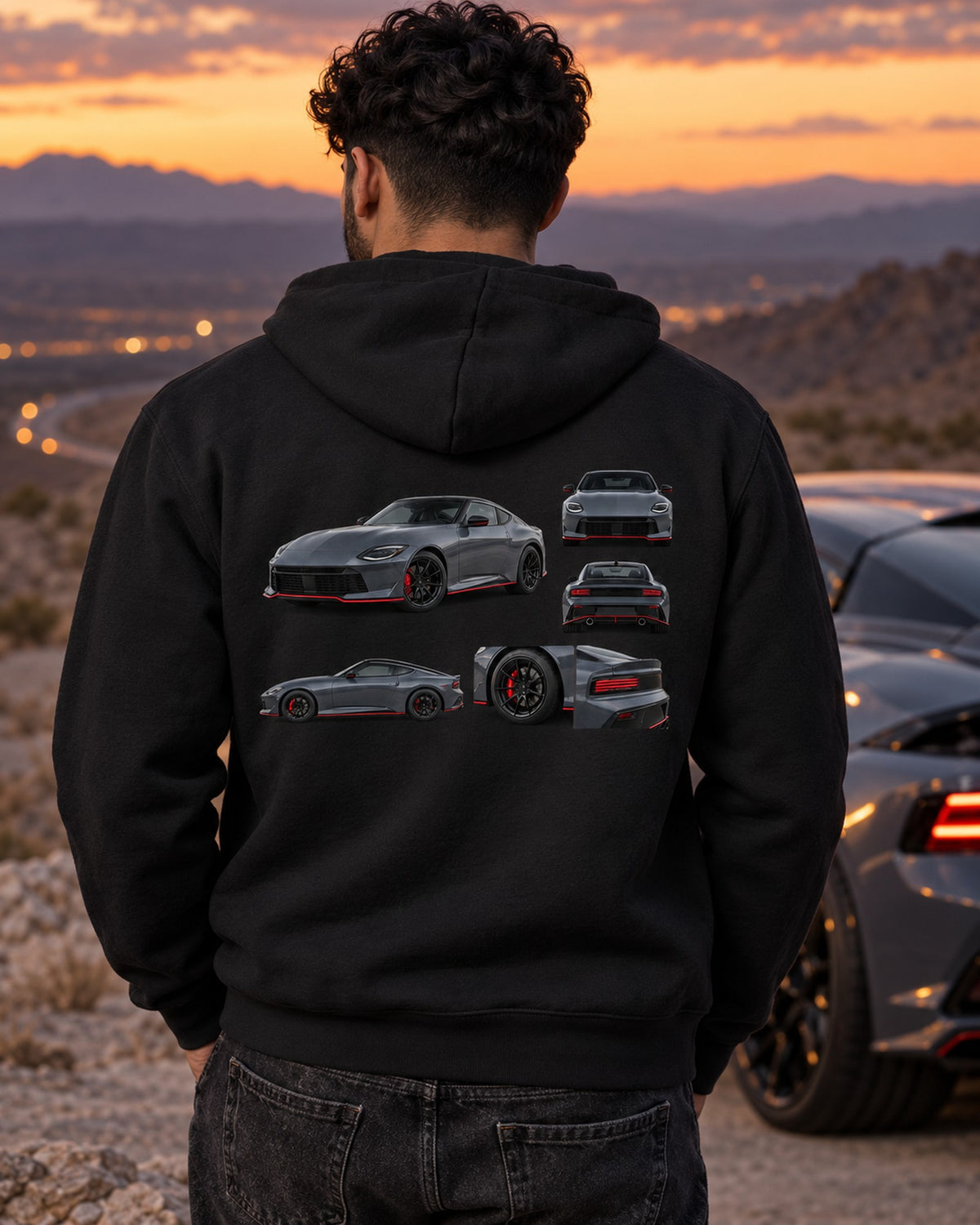 Nissan Z RZ34 Halftone Garage Shirt, VR30DDTT Statement Tee Zip Hoodie Black worn hero