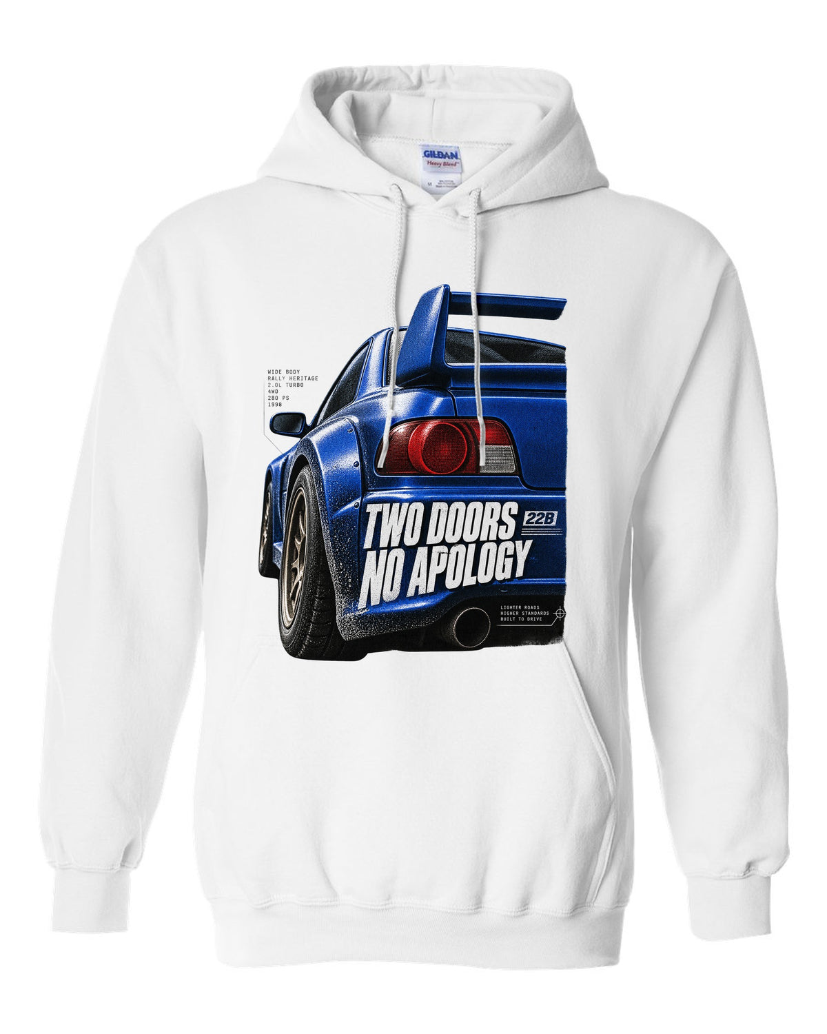Macro detail of the Subaru Impreza 22B STI rear wing with two doors no apology text white pull over hoodie front view with the design