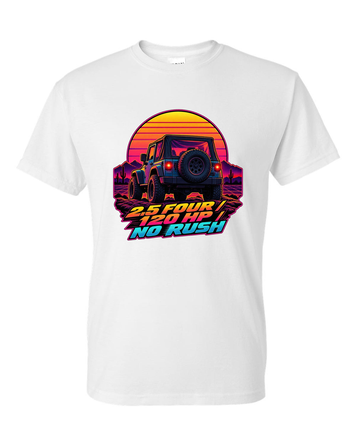 Synthwave sunset illustration of a Jeep Wrangler TJ tailgate with 2.5 FOUR 120 HP NO RUSH lettering white t-shirt front view with the design
