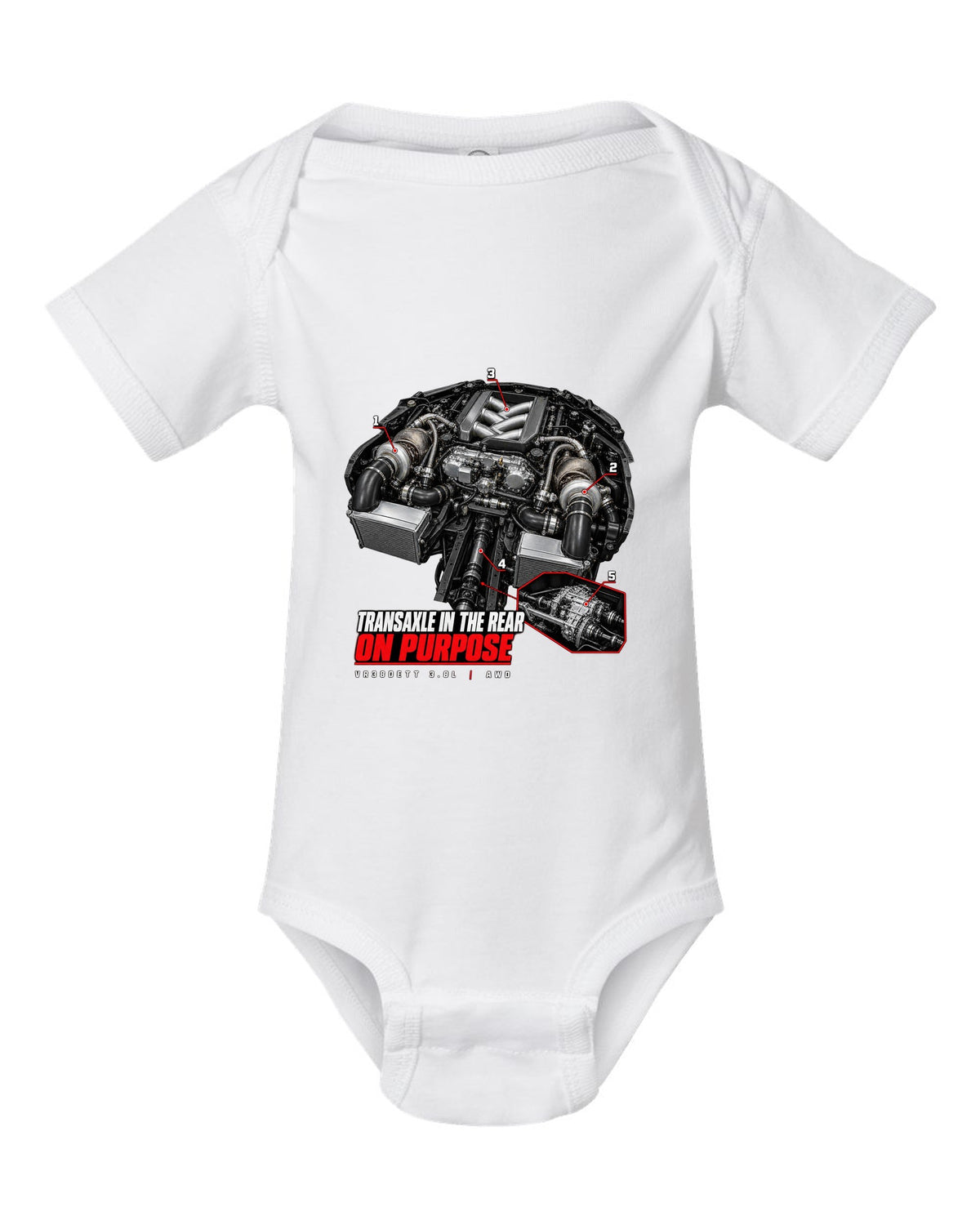 Engine hero diagram of a Nissan GT-R R35 with callout lines pointing to the rear transaxle white baby onesie front view with the design