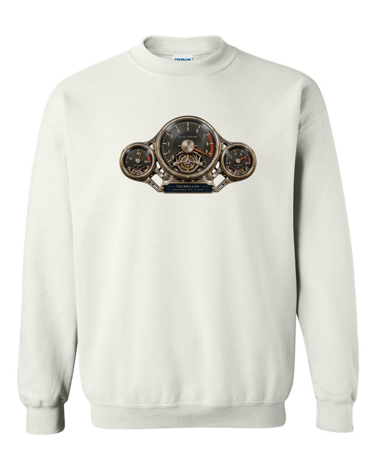 Cockpit and mechanical dial cluster of the Bugatti Tourbillon, print white crewneck front view with the design