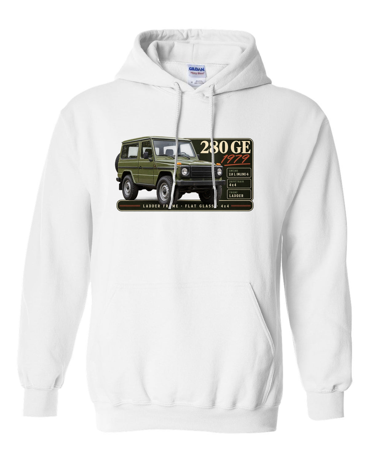 Archive panel print of a 1979 Mercedes 280 GE W460 with ladder frame, flat glass and 4x4 lettering white pull over hoodie front view with the design