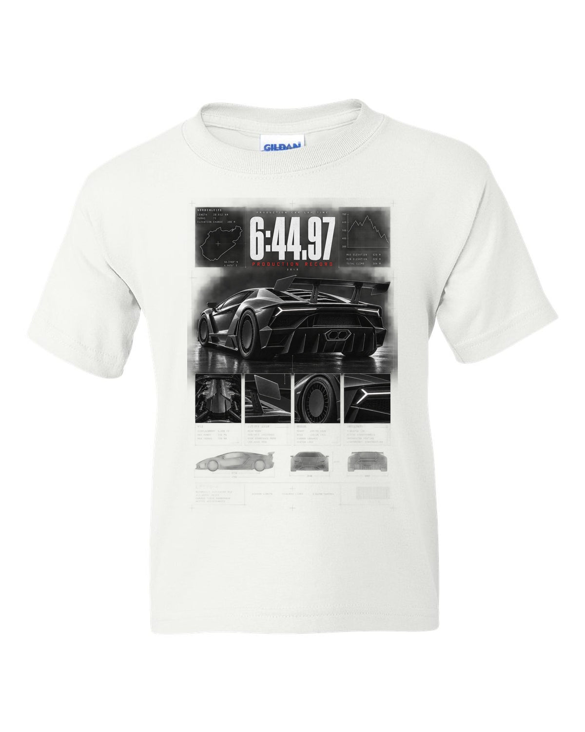 Dossier panel print of a Lamborghini Aventador SVJ LP770-4 with 6:44.97 production record text white kids tee front view with the design