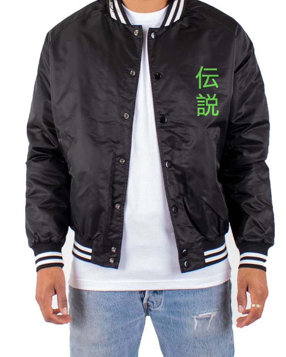 black bomber jacket front view with small kanji mark