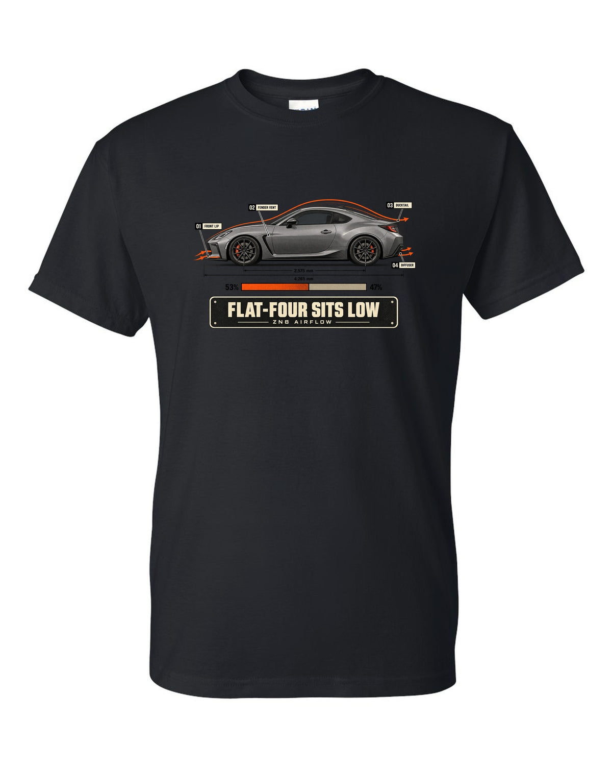 Cutaway-style airflow diagram of a Toyota GR86 ZN8 with callouts, poster-style print black t-shirt front view with the design