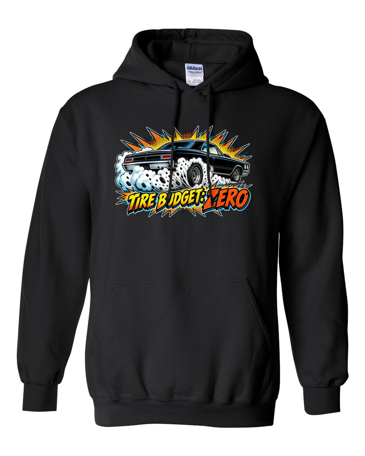 Comic halftone burst illustration of a 1966 Chevrolet Chevelle Malibu SS doing a burnout black pull over hoodie front view with the design