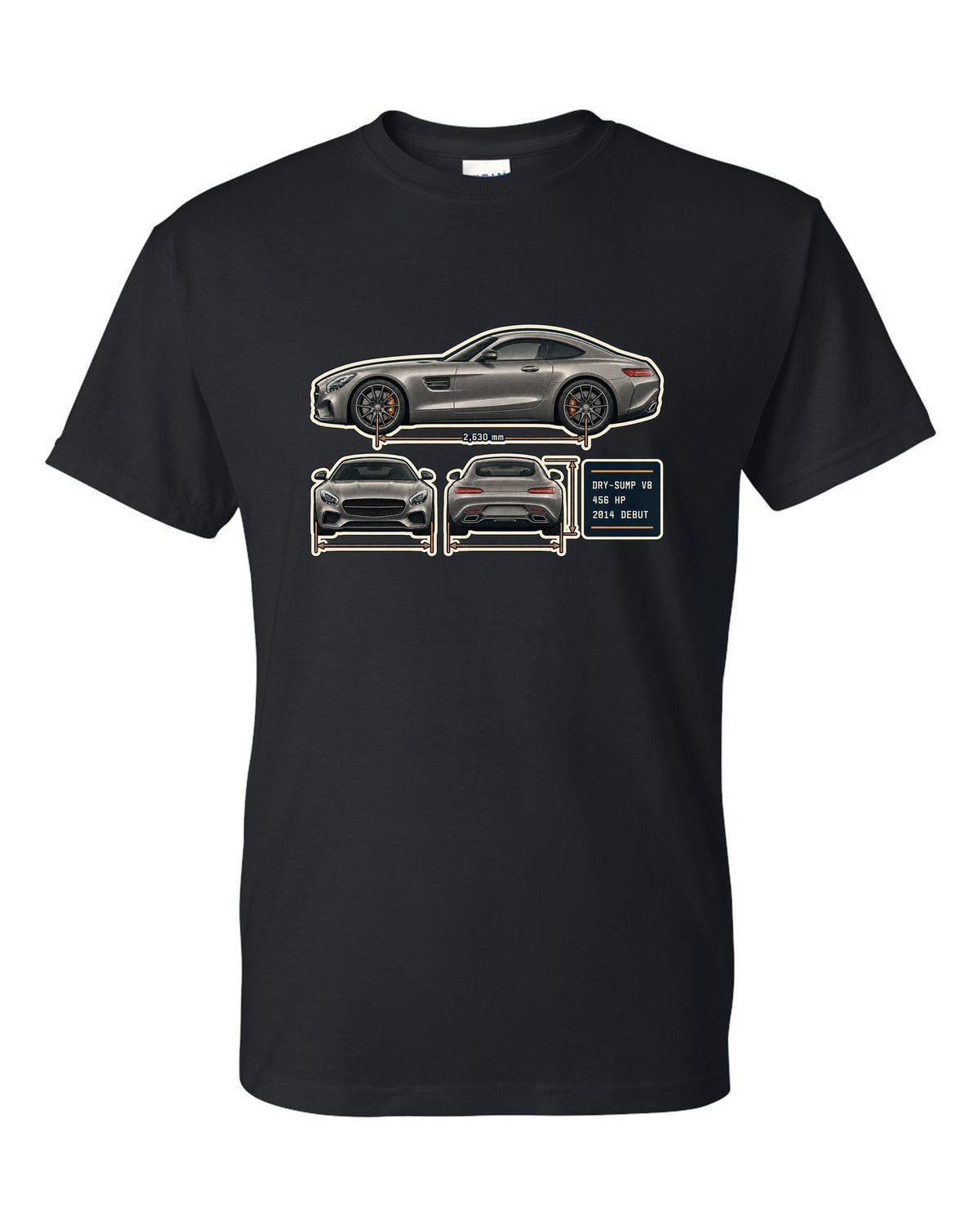Mercedes-AMG GT C190 three-view and spec table print black t-shirt front view with the design