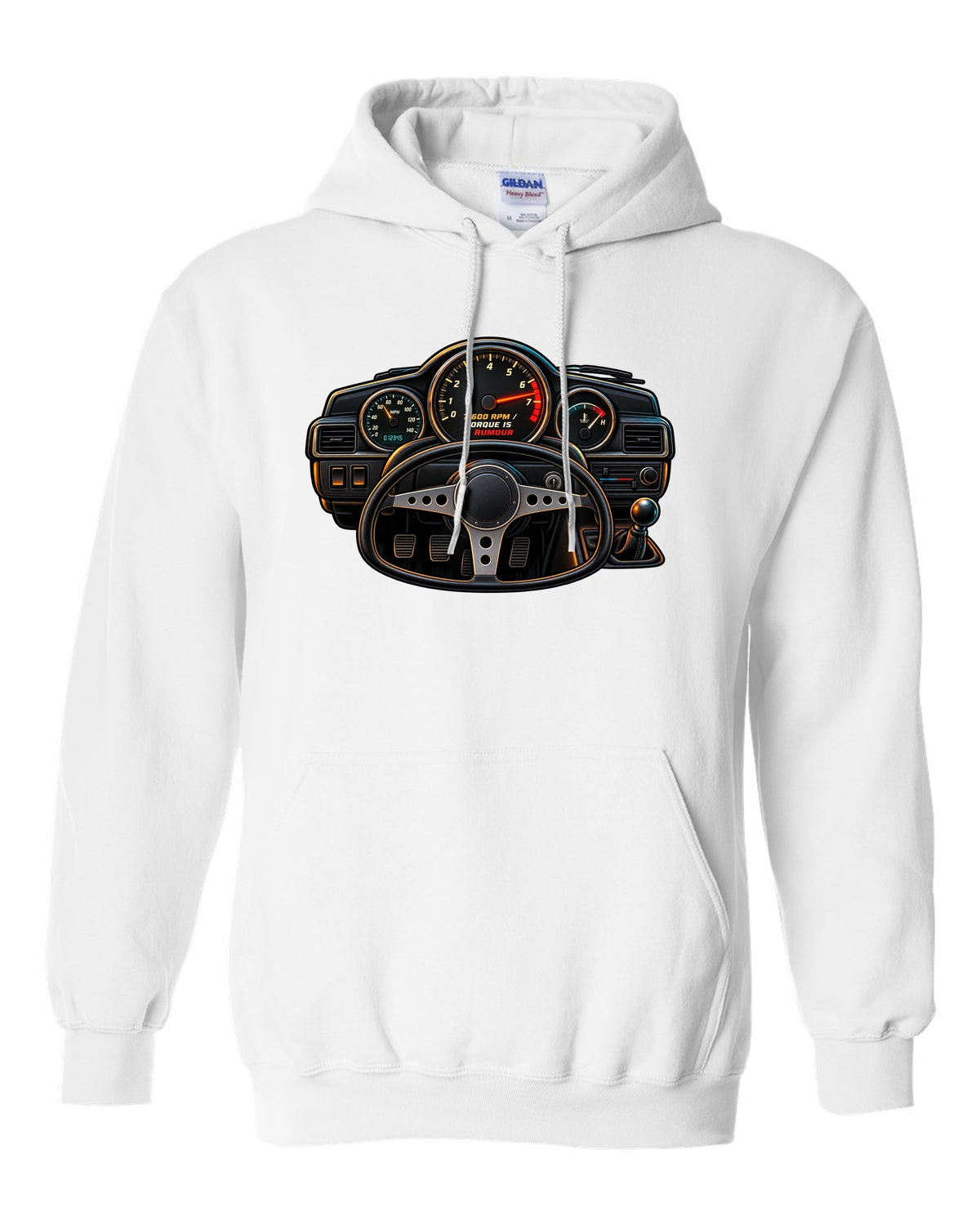 Linocut woodcut-style Toyota Corolla Levin AE86 with garage Saturday slogan white pull over hoodie front view with the design