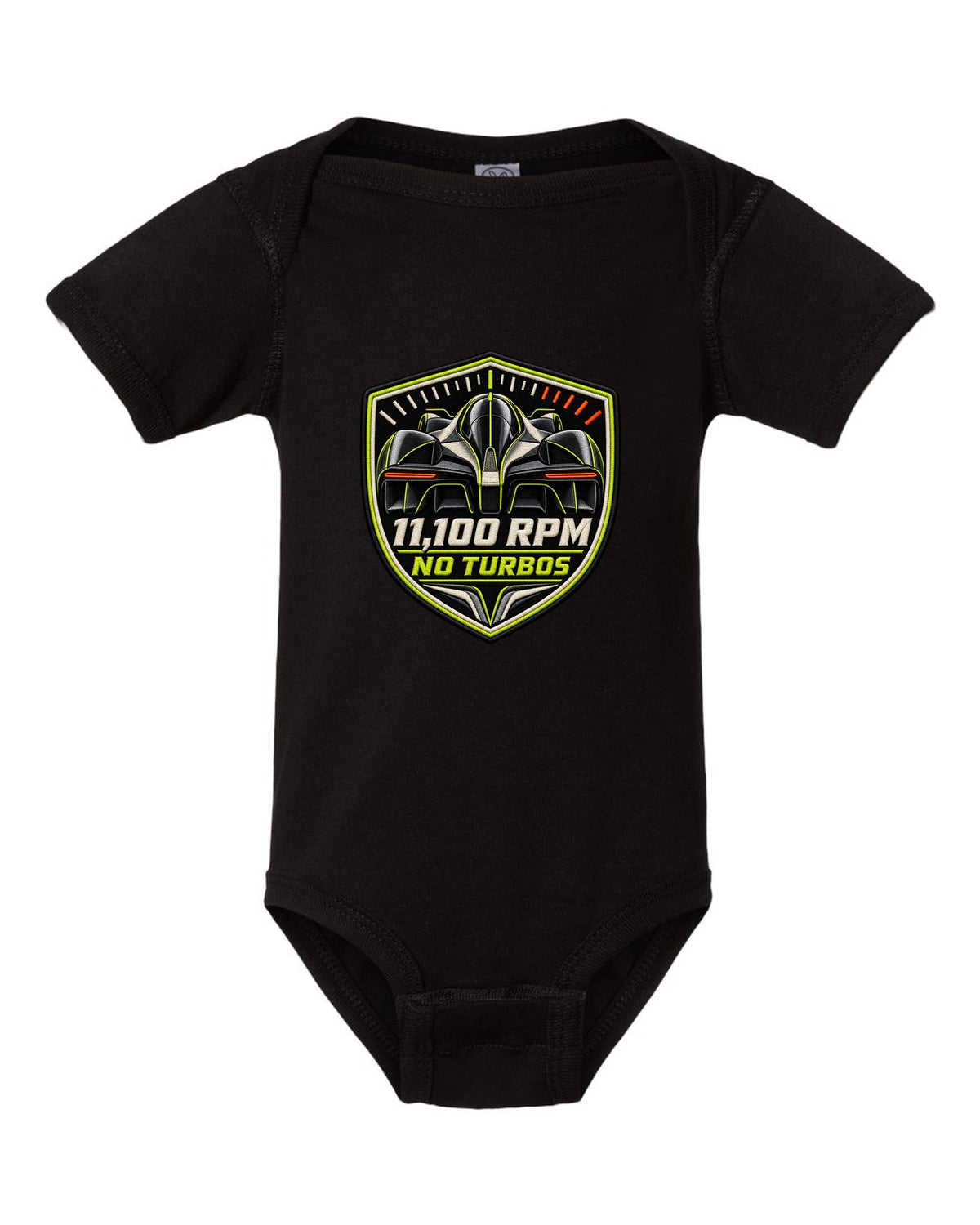 Embroidery-style varsity print for the Aston Martin Valkyrie with 11,100 rpm and no turbos lettering black baby onesie front view with the design