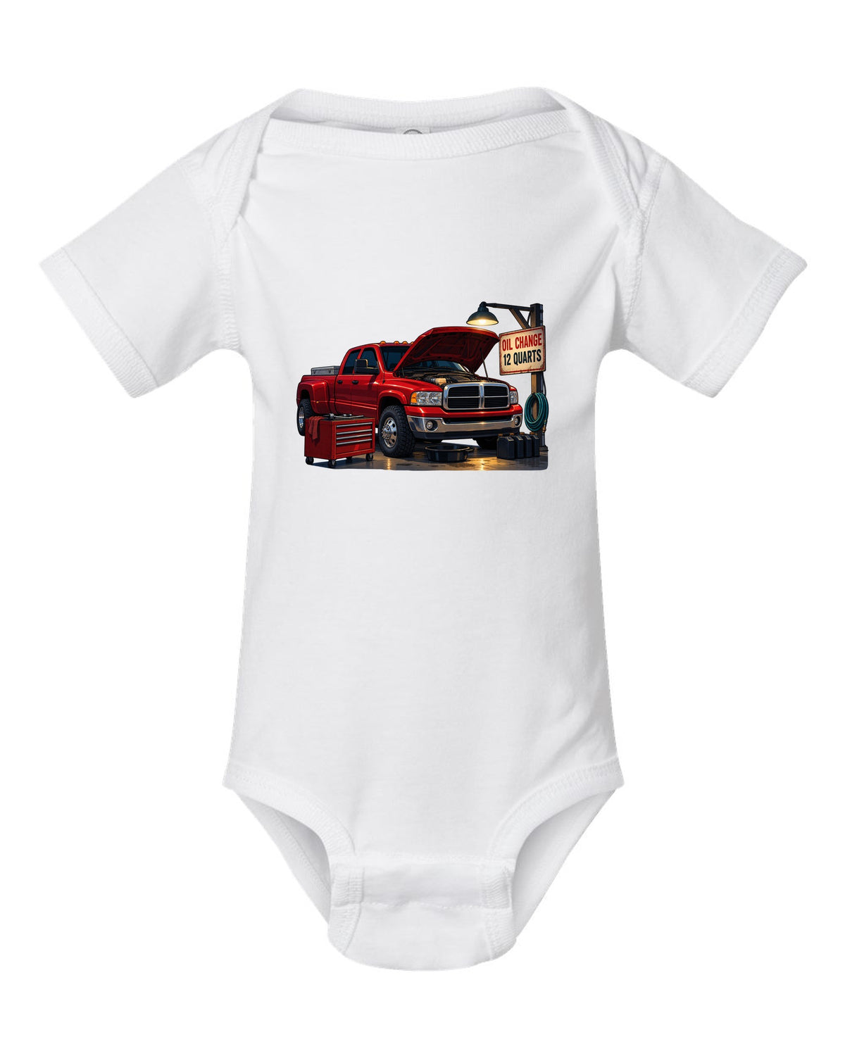 Cel-shaded anime night garage print of a red 2003-2009 Dodge Ram 3rd gen diesel with oil change text white baby onesie front view with the design
