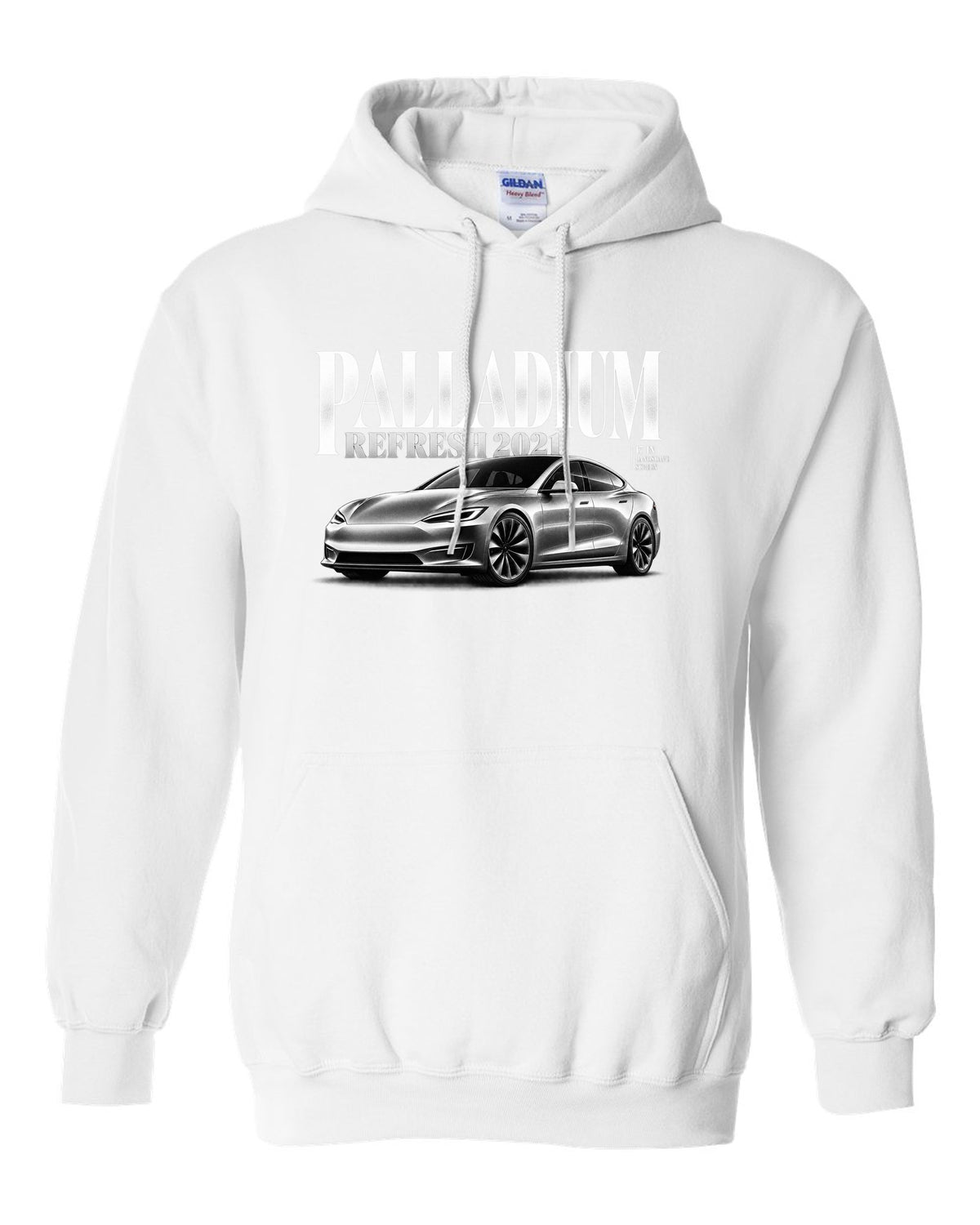 Editorial headline print of a Tesla Model S Palladium 2021 front three-quarter view white pull over hoodie front view with the design