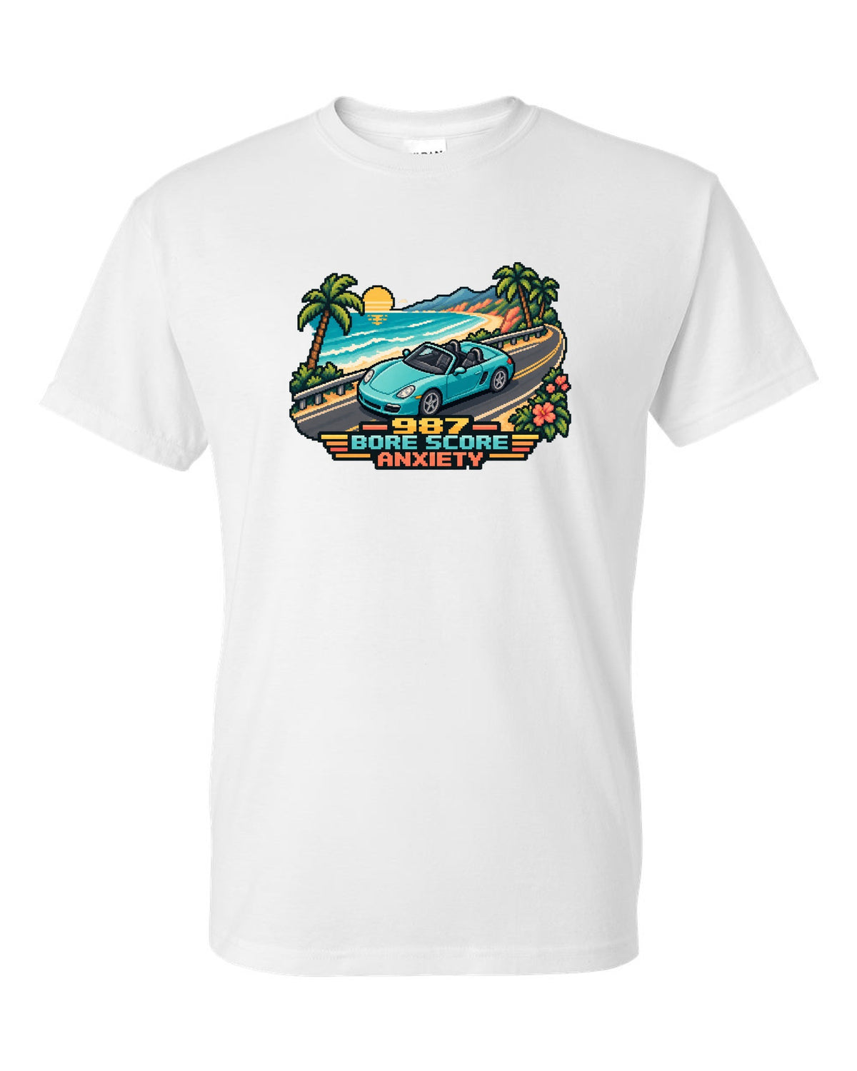 Porsche Boxster 987 isometric pixel art roadster with bore score anxiety text white t-shirt front view with the design