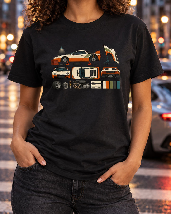 Lancia Rally 037 1983 Spec Sheet Shirt, Still Rear Wheel Drive T-Shirt Black worn hero