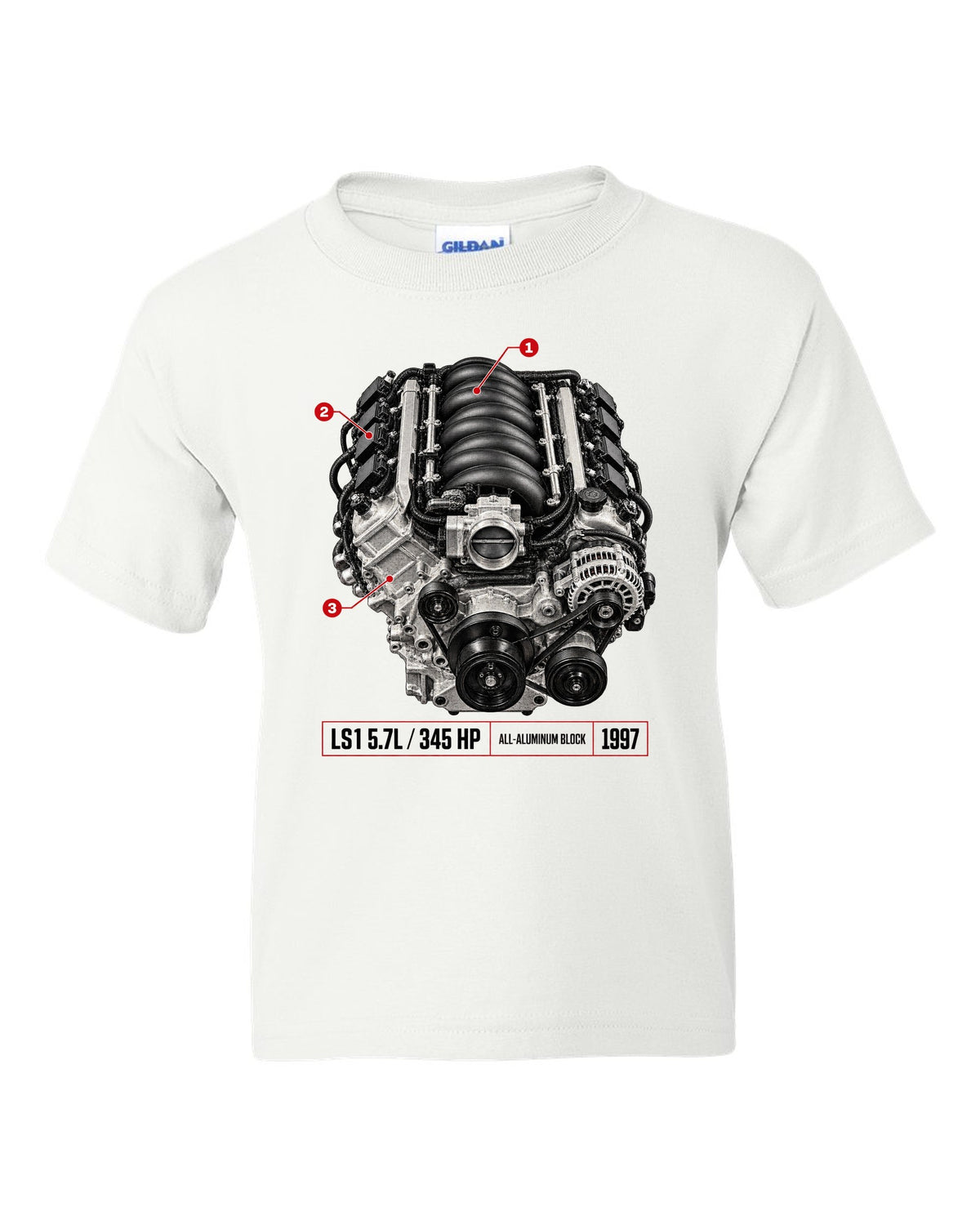 Corvette C5 coupe with LS1 5.7L engine poster print white kids tee front view with the design