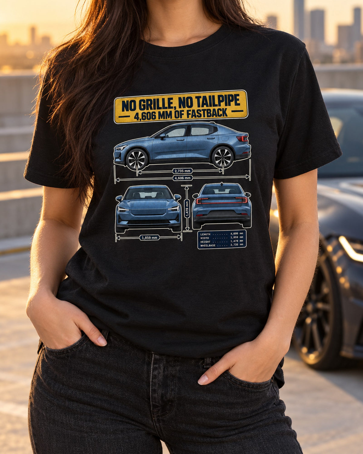 Polestar 2 Three-View Spec Shirt, 2020-2023 Fastback Print T-Shirt Black worn hero