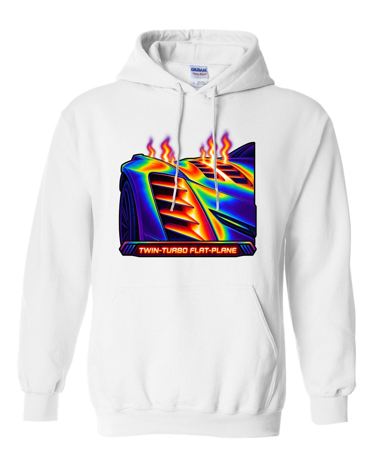 Infrared thermal gradient print of a fender vent on a 2025 Chevrolet Corvette C8 ZR1 with Twin-Turbo Flat-Plane text white pull over hoodie front view with the design