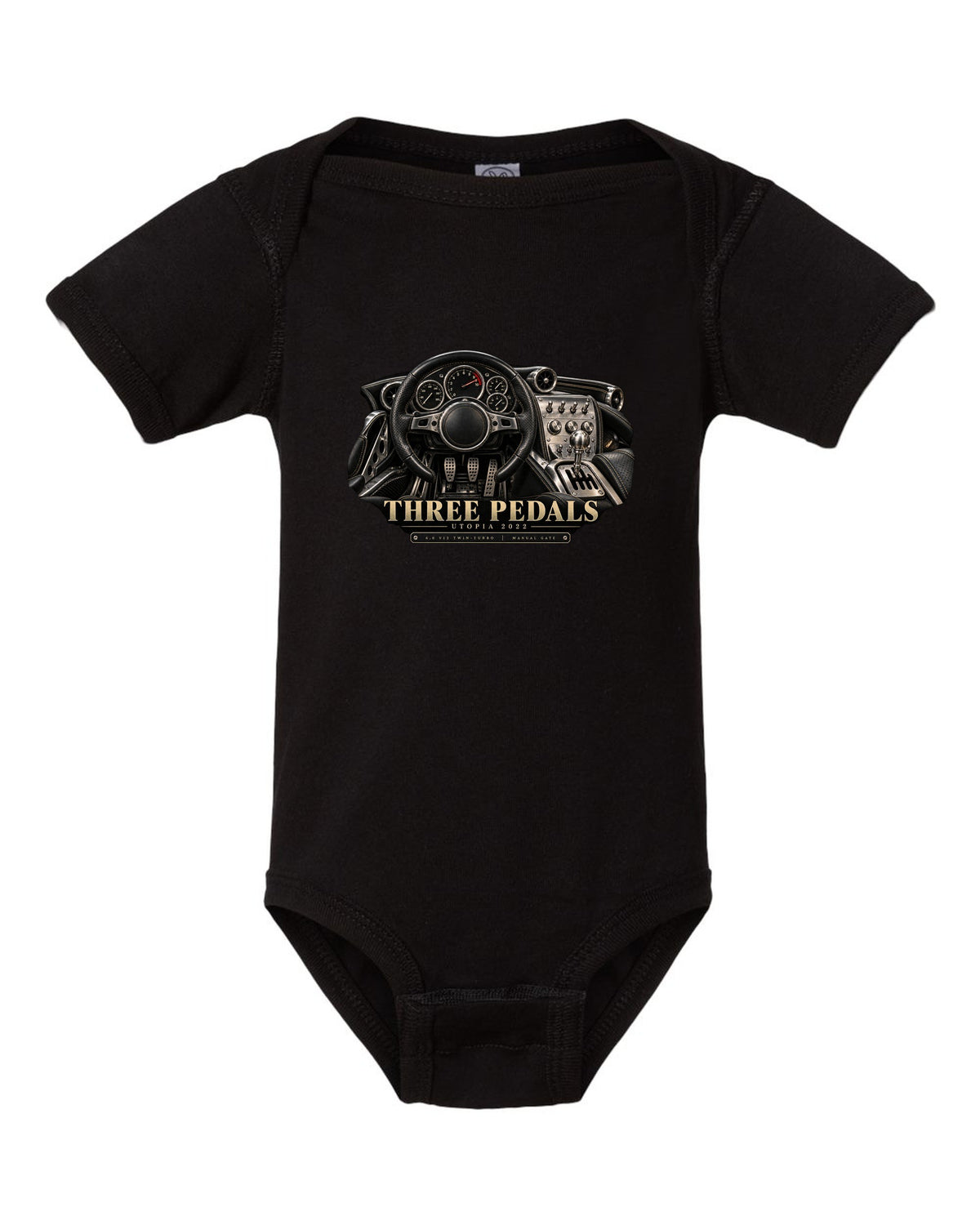 Pagani Utopia 2022 cockpit with manual gate and three pedals black baby onesie front view with the design
