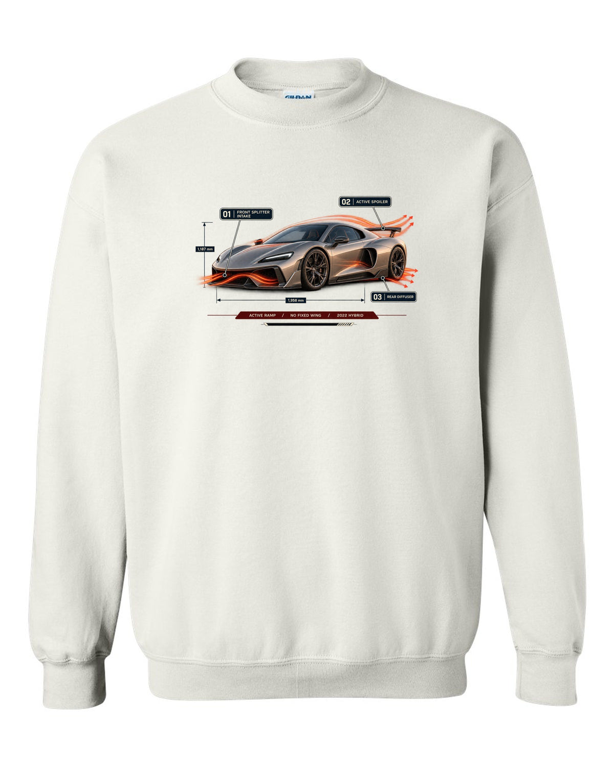 Ferrari 296 GTB aero callout print with active ramp and no fixed wing white crewneck front view with the design