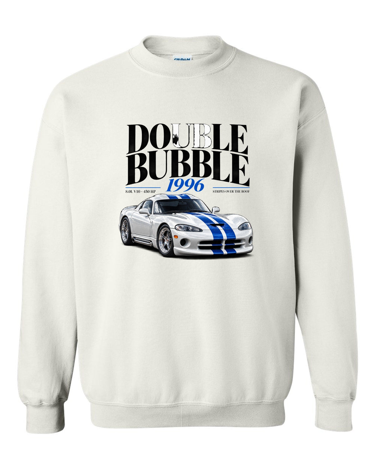 Editorial headline print of a 1996 Dodge Viper GTS SR II with double bubble and 8.0L V10 text white crewneck front view with the design