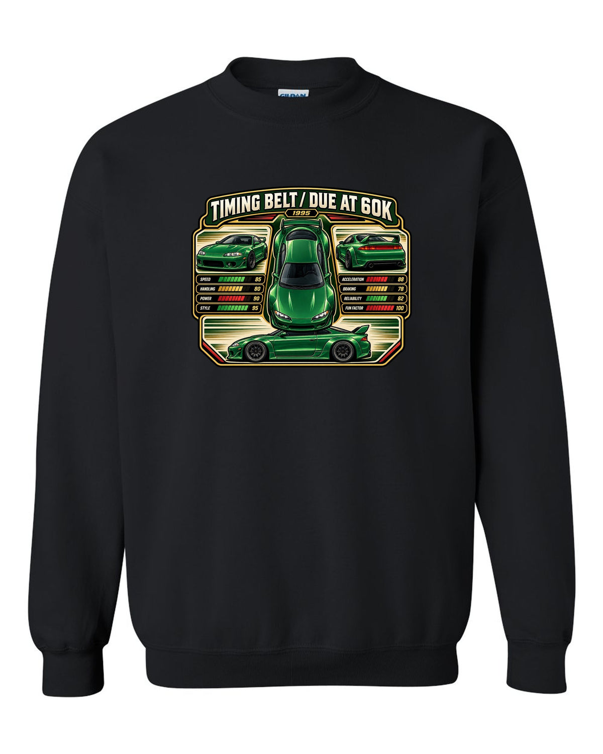 Top-down vector trading card print of a widebody Mitsubishi Eclipse GSX 2G with timing belt due at 60K text black crewneck front view with the design