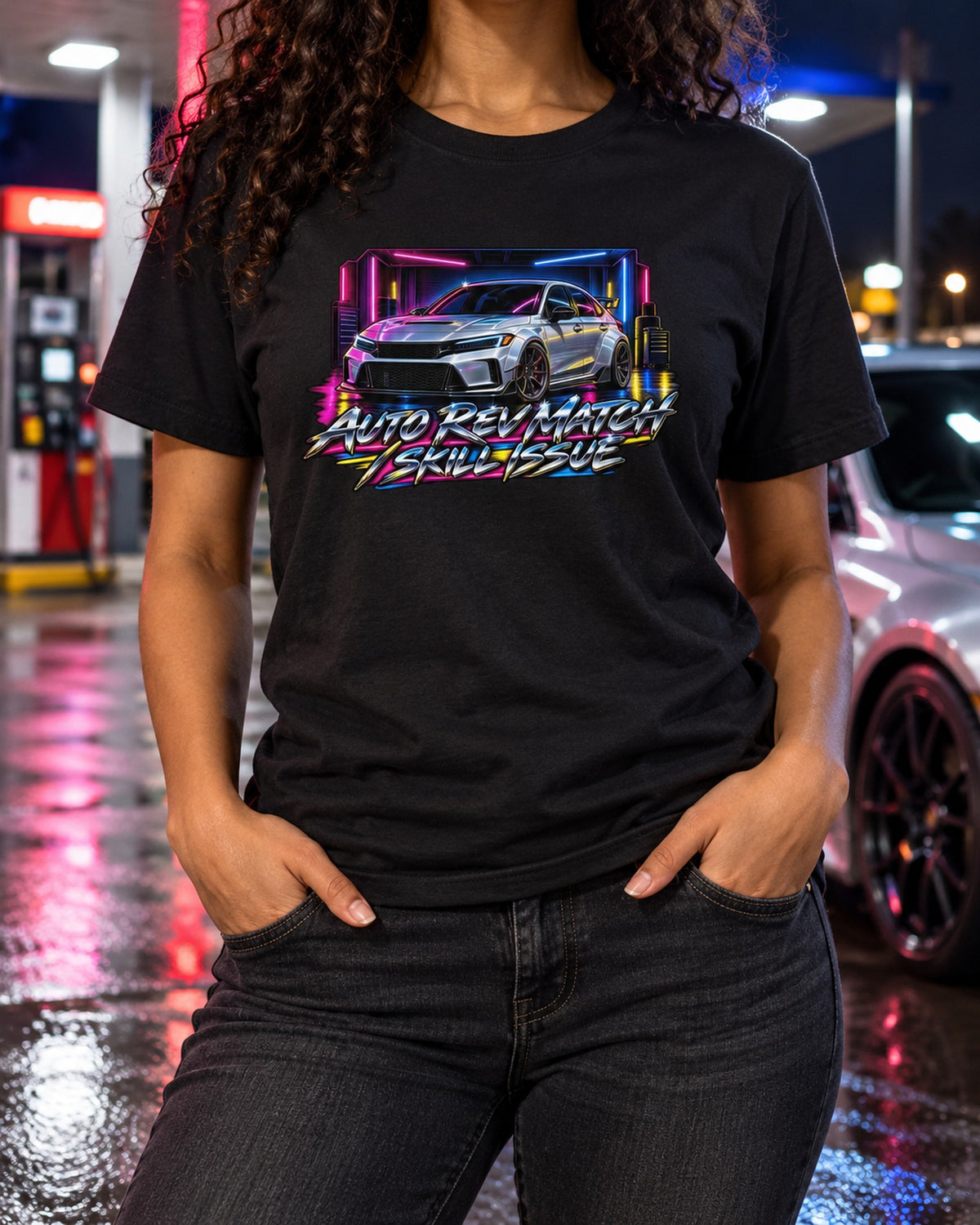 Honda Civic FL5 Auto Rev Match 80s Airbrush Poster Shirt T-Shirt Black worn hero