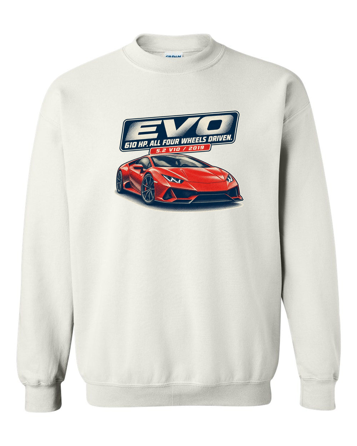 Halftone print of the Lamborghini Huracan EVO white crewneck front view with the design