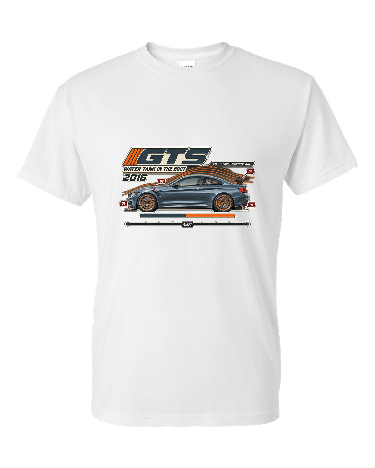 BMW M4 GTS F82 aero cutaway with callouts print white t-shirt front view with the design