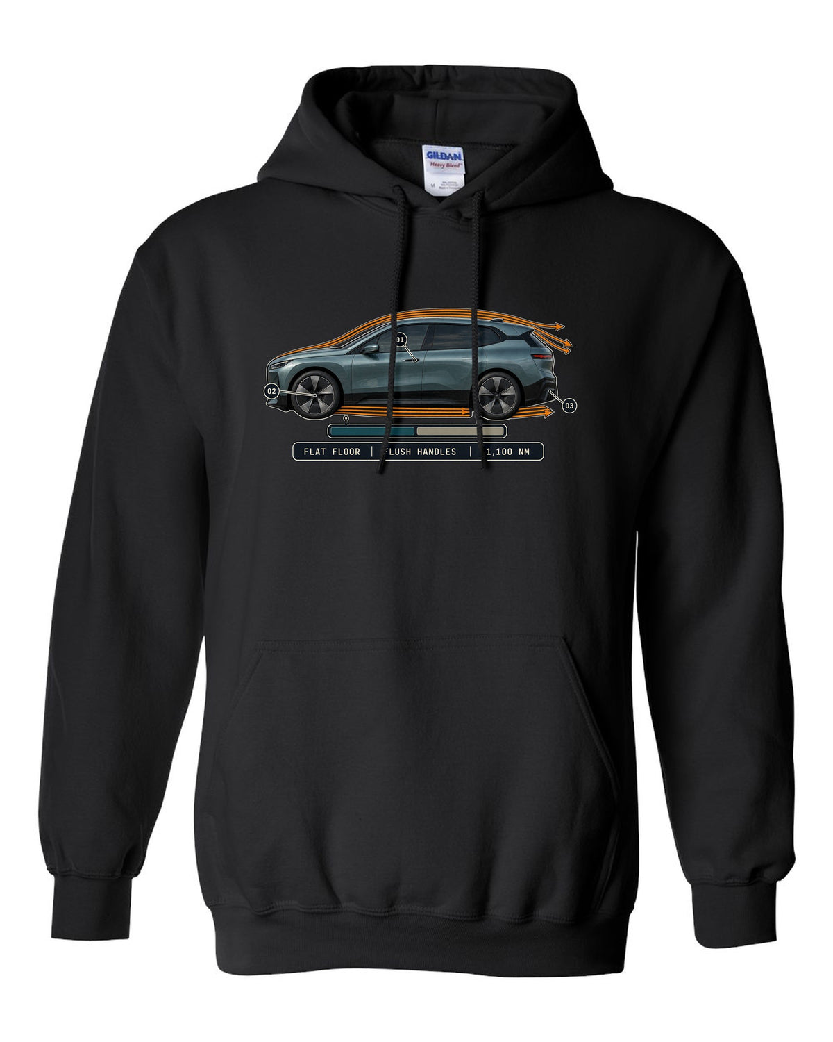 Aero cutaway callout print of the BMW iX M60 I20 with flush handles and flat floor black pull over hoodie front view with the design