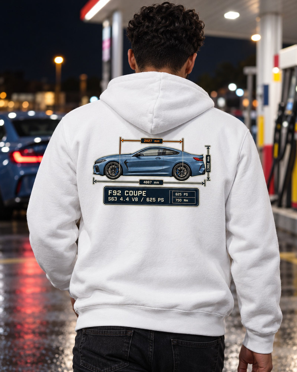 BMW M8 Competition Coupe F92 Dimension Blueprint Shirt Zip Hoodie White worn hero