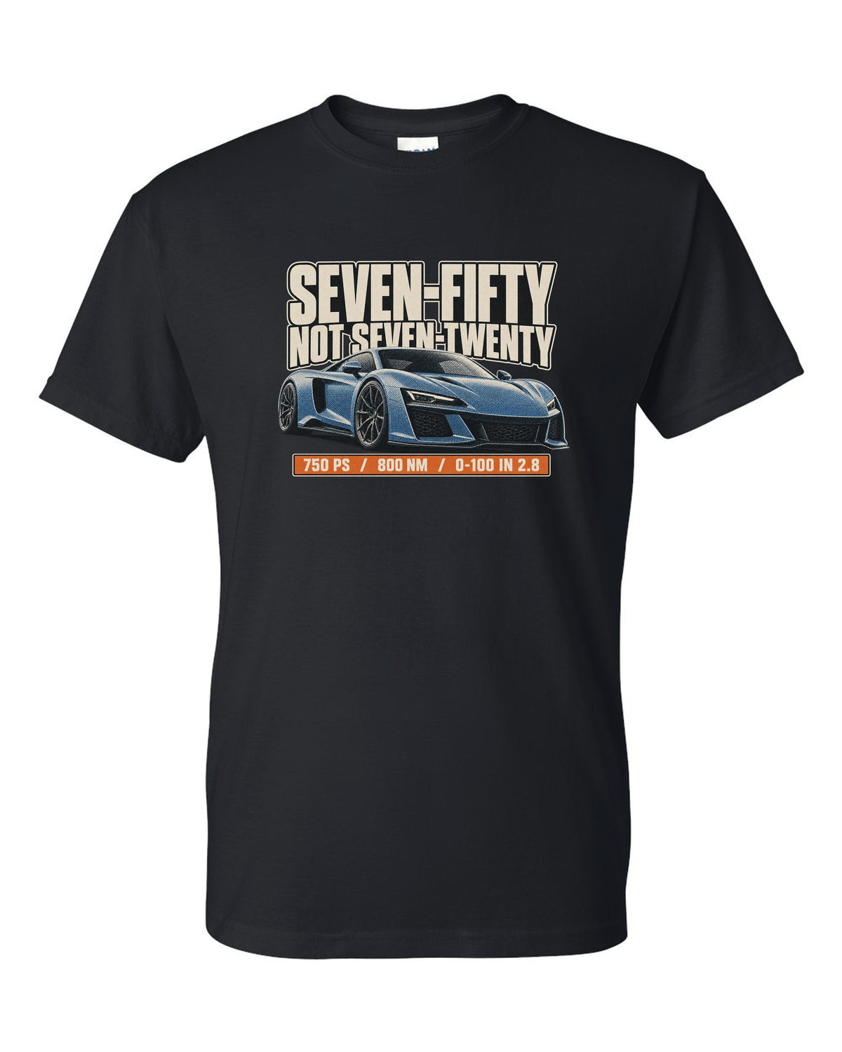 Halftone print of a McLaren 750S with the text seven-fifty not seven-twenty black t-shirt front view with the design