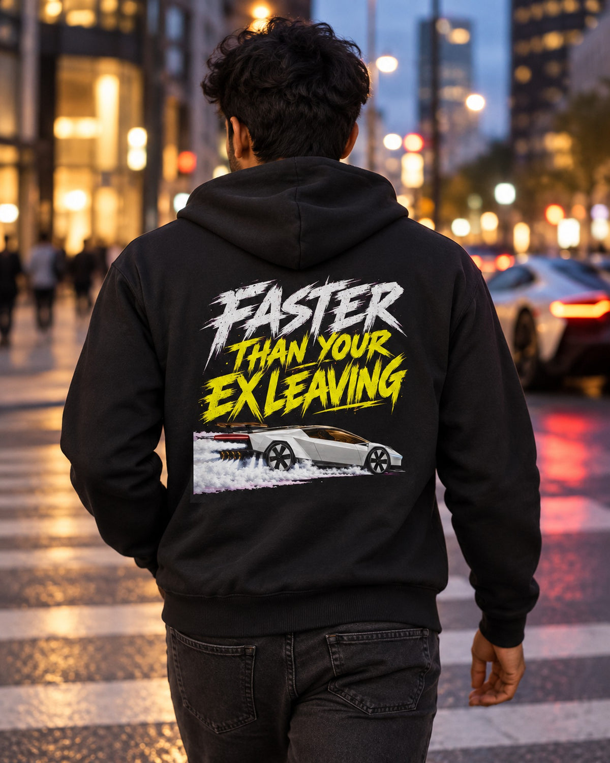 Faster Than Your Ex Leaving Tesla Roadster Shirt, Hoodie & More Zip Hoodie Black worn hero