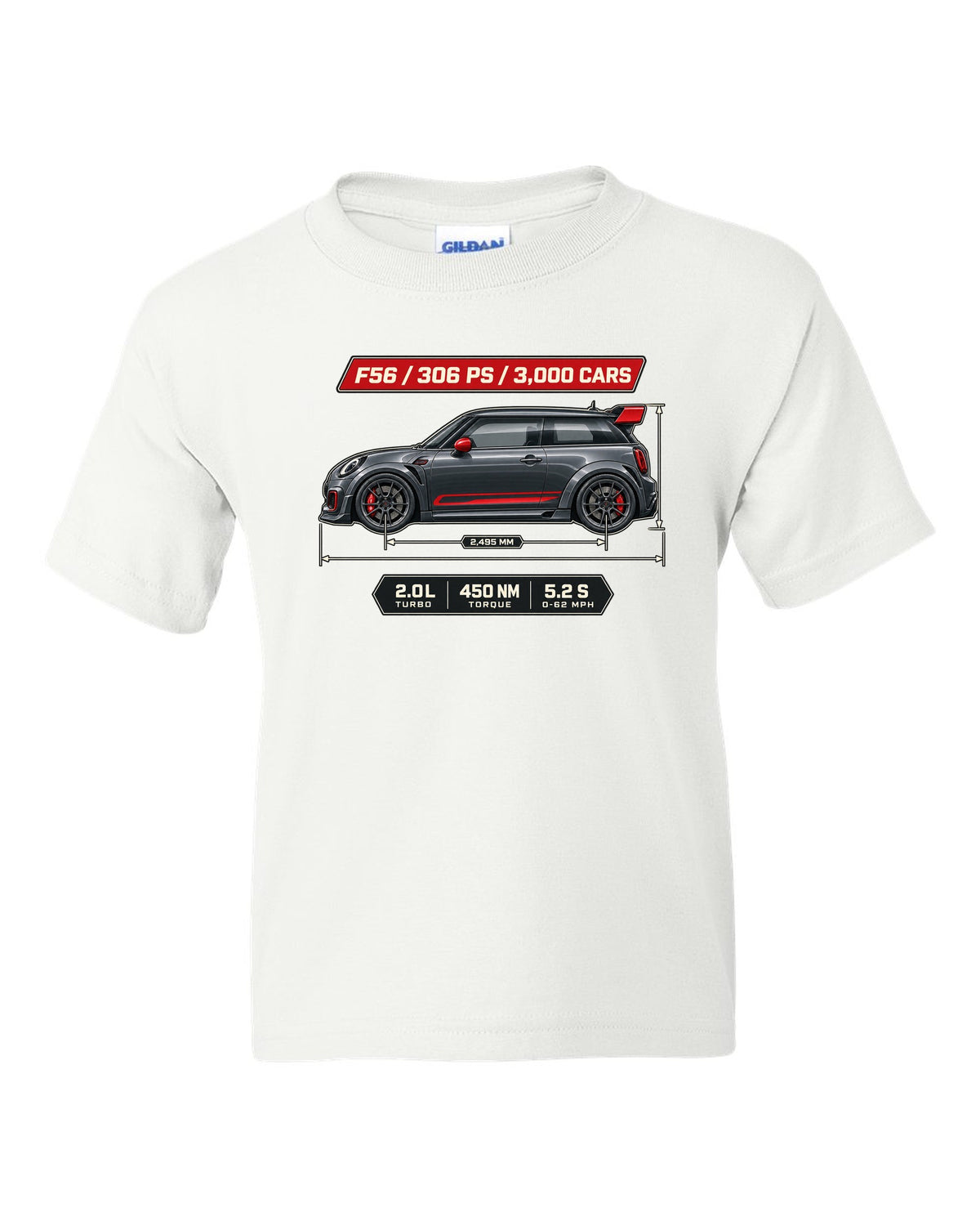 Dimension blueprint print of the Mini JCW GP F56 2020 with 306 PS and 3,000 cars text white kids tee front view with the design