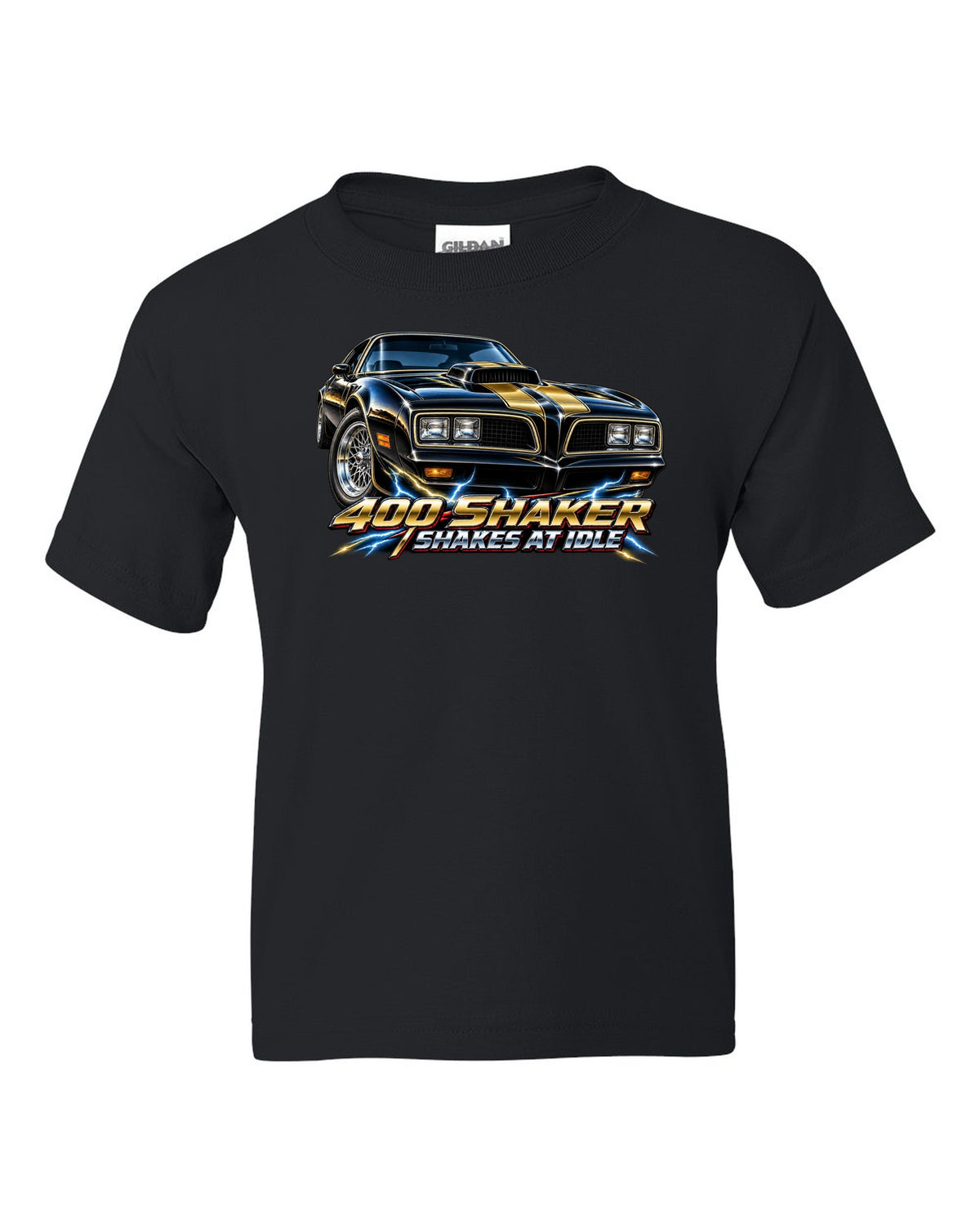 1977 Pontiac Firebird Trans Am shaker hood close-up in airbrush chrome black kids tee front view with the design