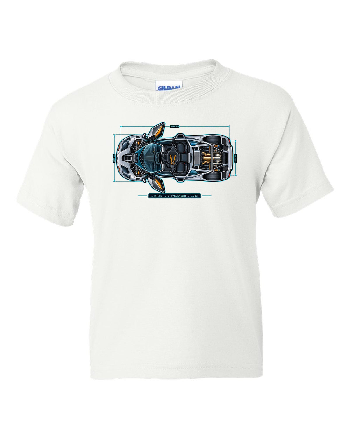 Technical blueprint print of the McLaren F1 with 1 Driver 2 Passengers 1992 lettering white kids tee front view with the design
