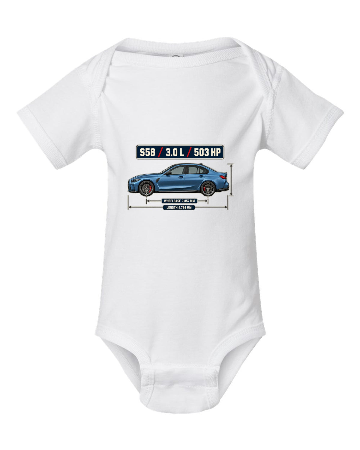 BMW M3 Competition G80 dimension blueprint print with S58 specs white baby onesie front view with the design