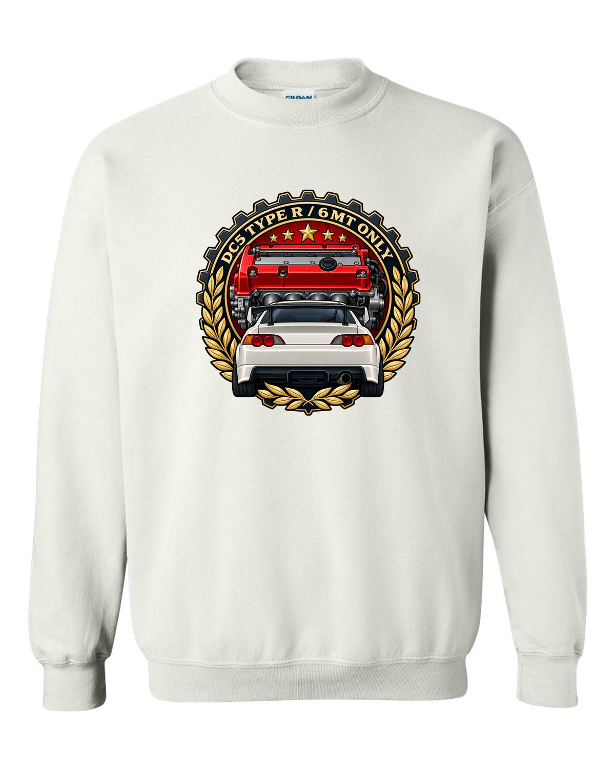 Cel-shaded anime night touge scene with a Honda Integra Type R DC5 white crewneck front view with the design