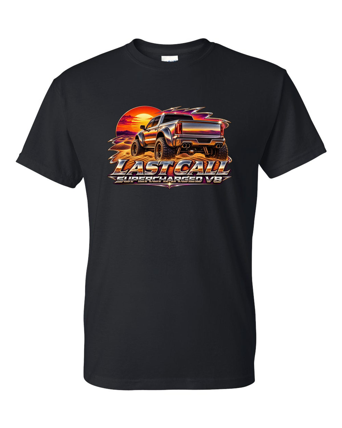 80s chrome airbrush print of a 2024 Ram 1500 TRX Final Edition on a dune with last call supercharged V8 text black t-shirt front view with the design
