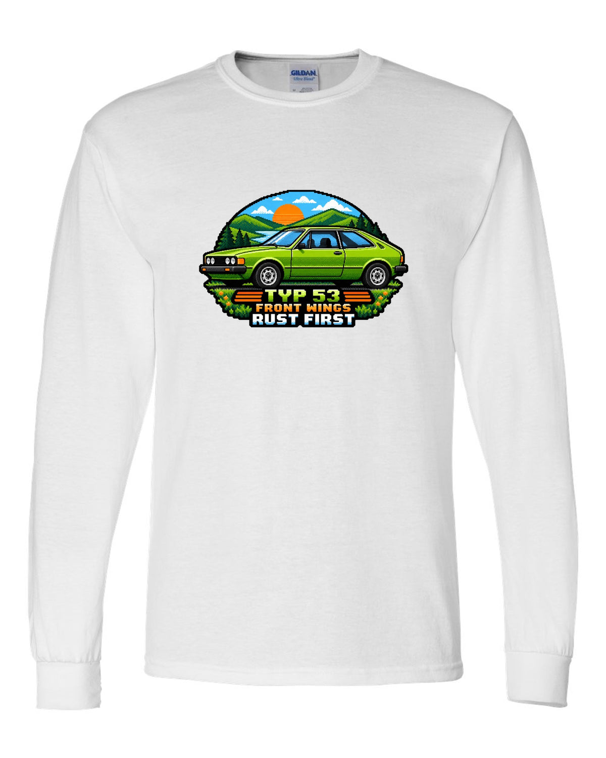 8/16-bit pixel art of a VW Scirocco Mk1 Typ 53 with front wings rust first text white long sleeve front view with the design