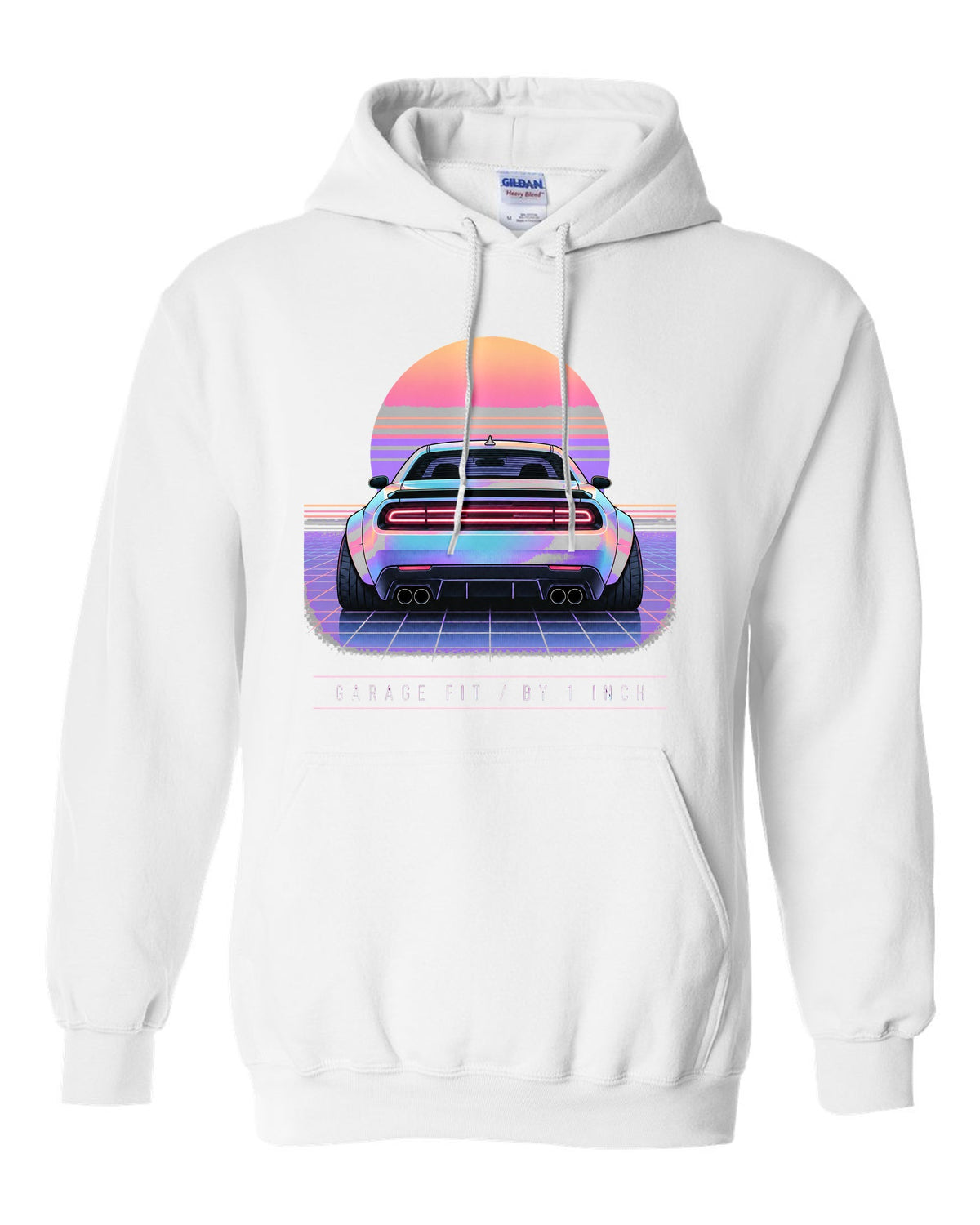 Vaporwave pastel print of a 2021 Dodge Challenger Scat Pack Widebody with garage fit text white pull over hoodie front view with the design