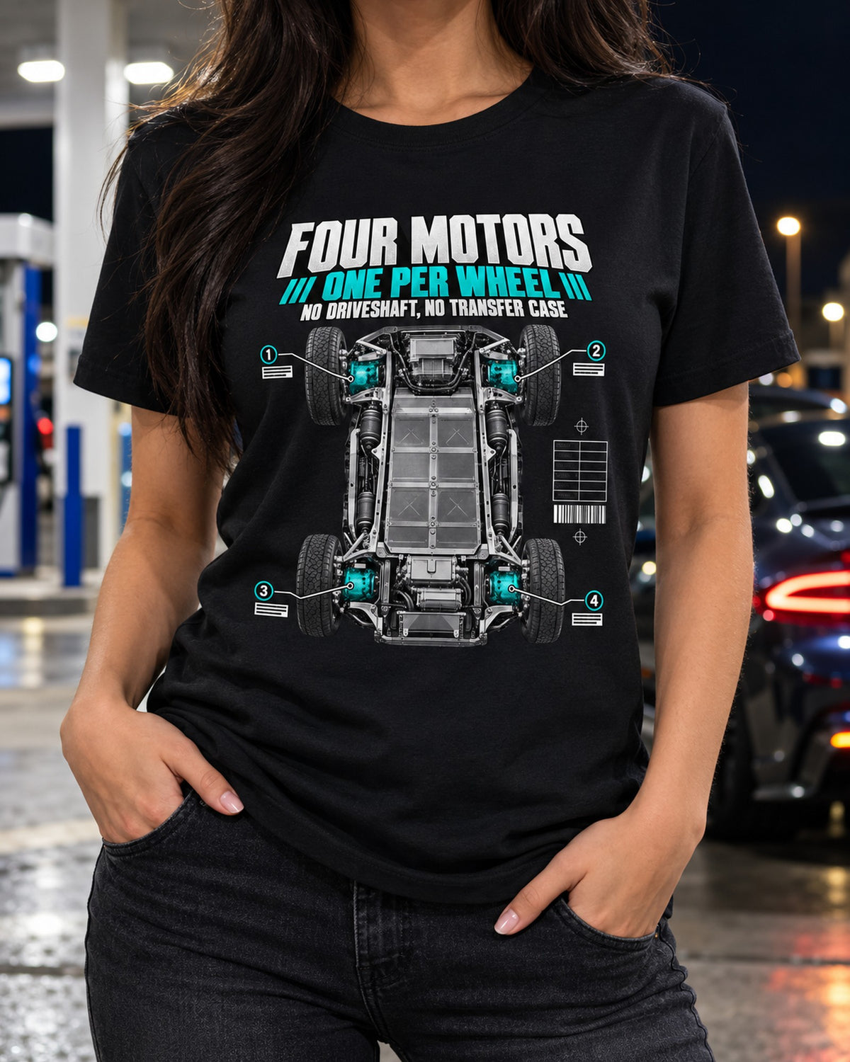 Rivian R1T Quad Motor 2022 Four Motor Layout Shirt, EV Truck T-Shirt Black worn hero