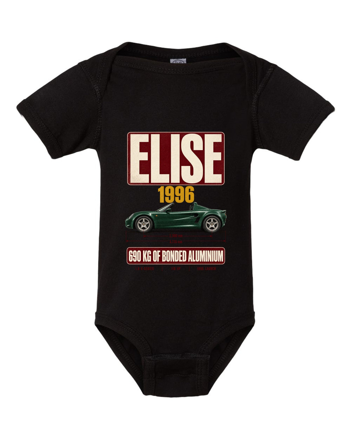 Lotus Elise Series 1 open roadster archive panel print with 1996 and 690 kg bonded aluminium text black baby onesie front view with the design