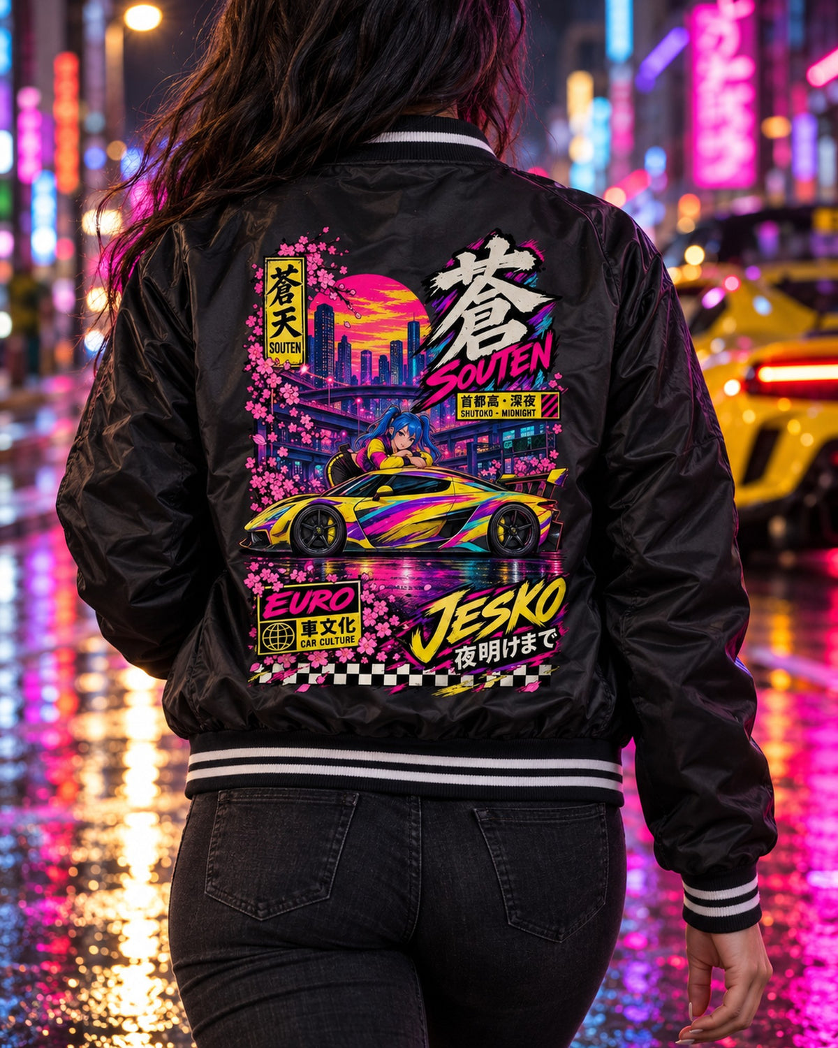SOUTEN JESKO Anime Girl Full-Back Graphic Tee Bomber Jacket Black worn hero