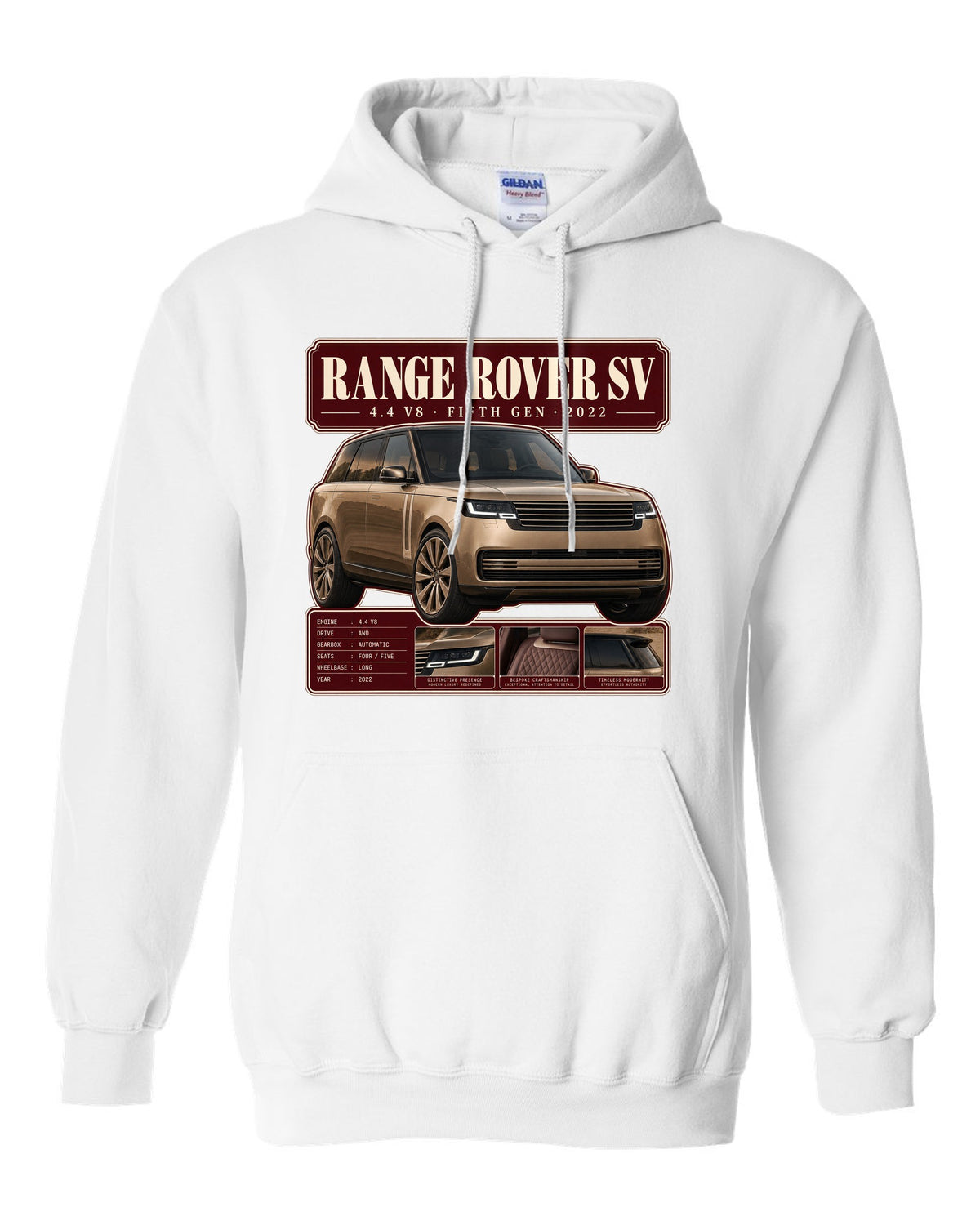 Archive panel print of the Range Rover SV L460 with 4.4 V8 and fifth generation white pull over hoodie front view with the design