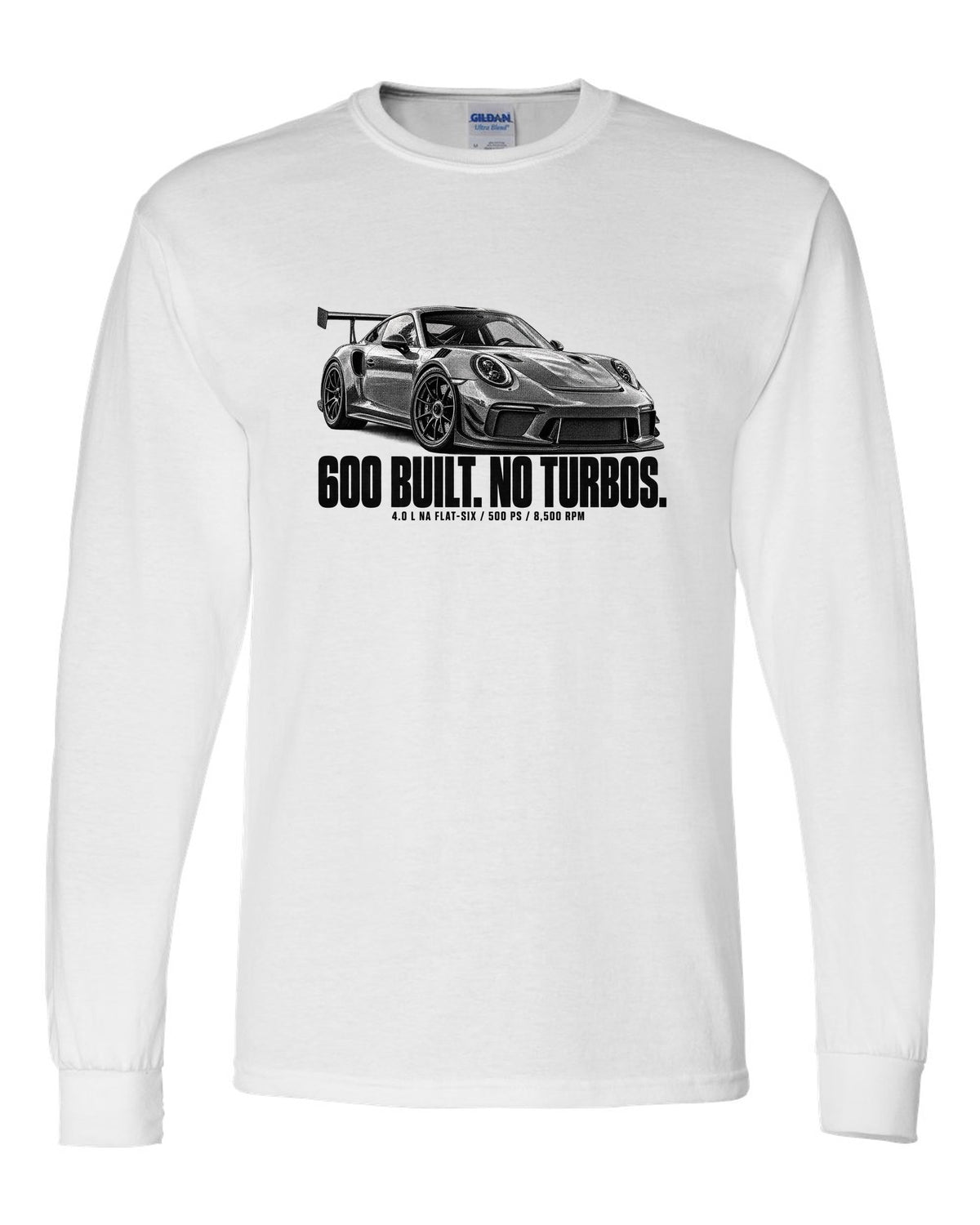 Halftone print of a Porsche 911 997 GT3 RS 4.0 with 600 built and 8,500 rpm lettering white long sleeve front view with the design