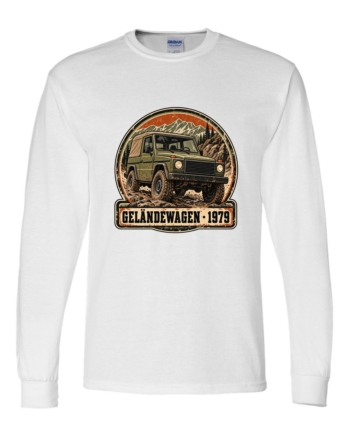 Flat minimal vector graphic of keys on a dish reading 12 MPG Worth It for a Mercedes G63 W464, print white long sleeve front view with the design
