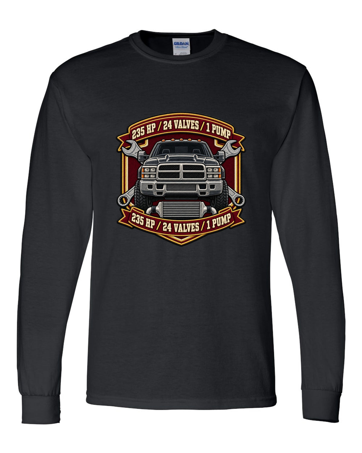 Varsity crest print for the 1998.5-2002 Dodge Ram 2500 24V Cummins with 235 HP, 24 valves, 1 pump black long sleeve front view with the design