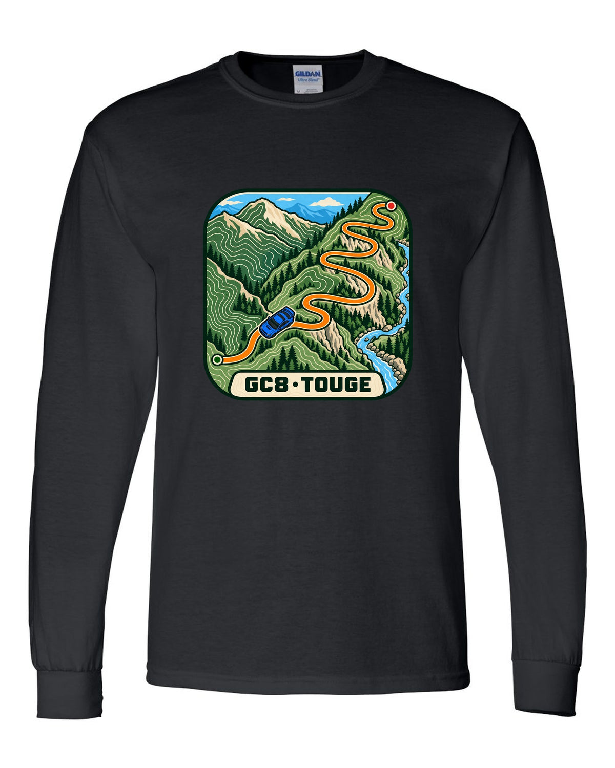Subaru Impreza WRX GC8 touge route drawn as a topographic contour map, GC8 / TOUGE black long sleeve front view with the design