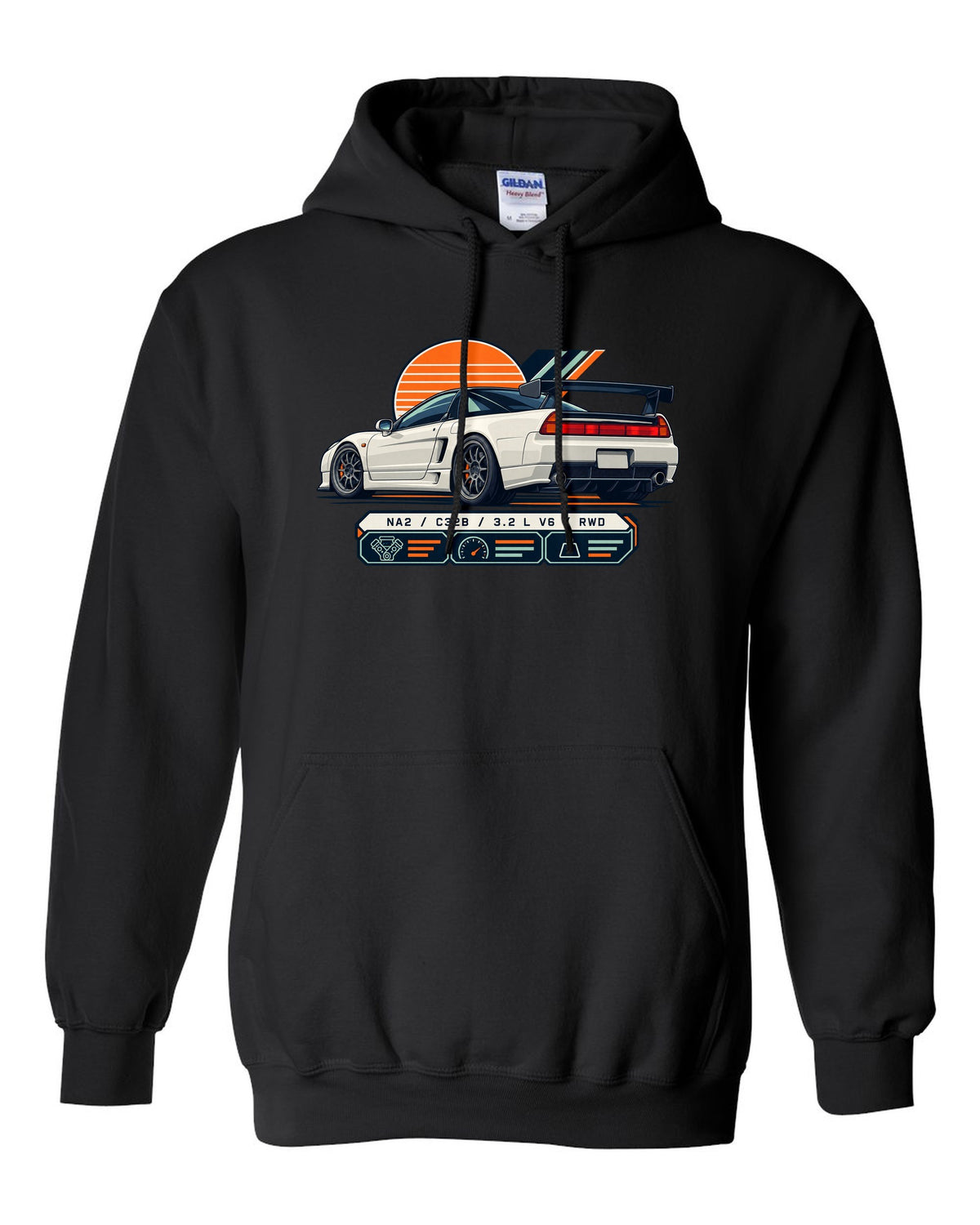 Spec-sheet data plate print of the Honda NSX-R NA2 with NA2 C32B 3.2 L V6 RWD text black pull over hoodie front view with the design